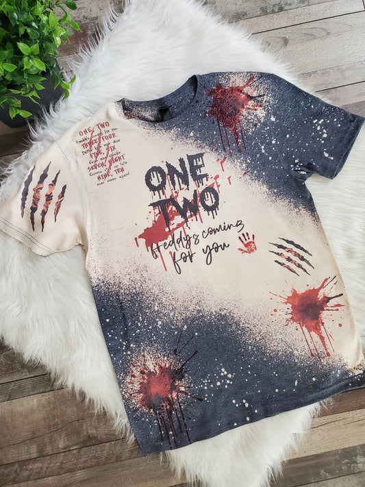 One Two Freddy's Coming For You Sublimation Bleached Tee