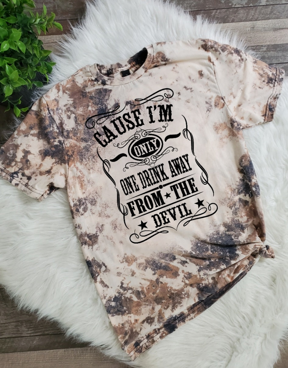 One Drink Away From The Devil Cowhide Bleached tee